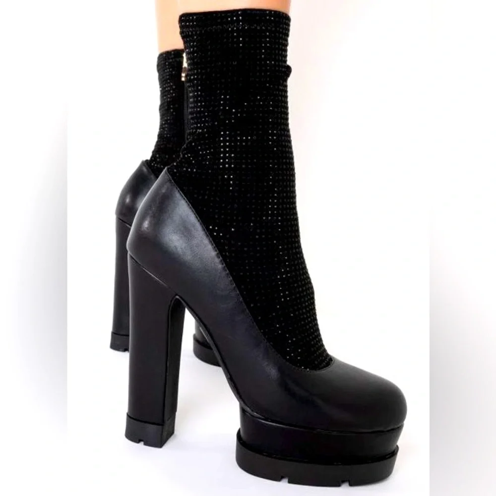 Black Leather Rhinestone Sock Ultra Chunky Platform Booties